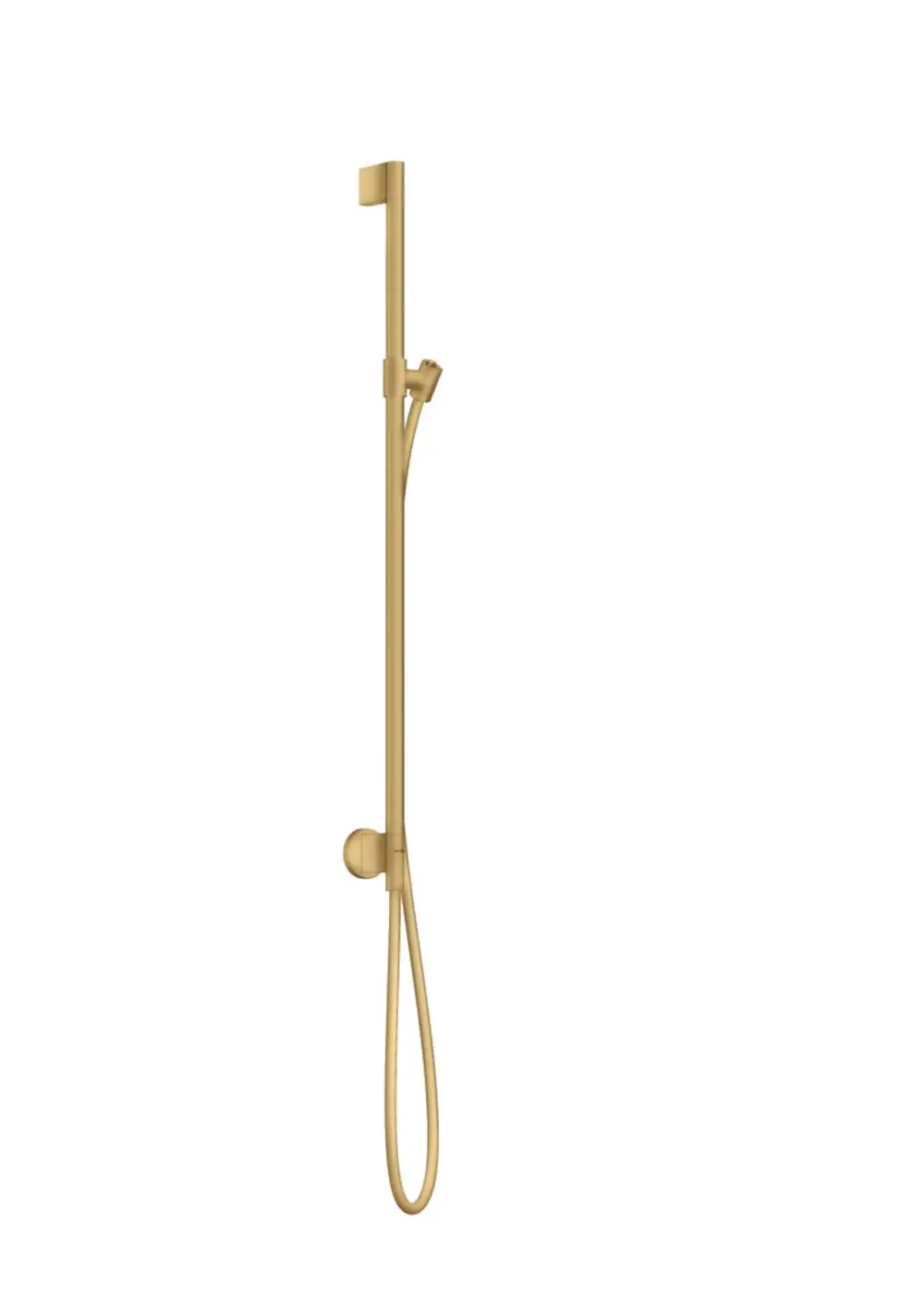 Brausestange mit Wandanschluss und Brauseschlauch in Brushed Gold Optic, präsentiert von AXOR. Vertikale Montage, einfache Handhabung, geeignet für moderne Badezimmer.